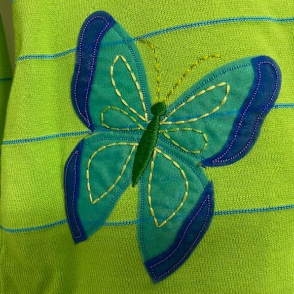 New HUME 3/4-slv TURQUOISE LIME SWEATER Applique Embroidered BUTTERFLIES * M - Picture 7 of 11